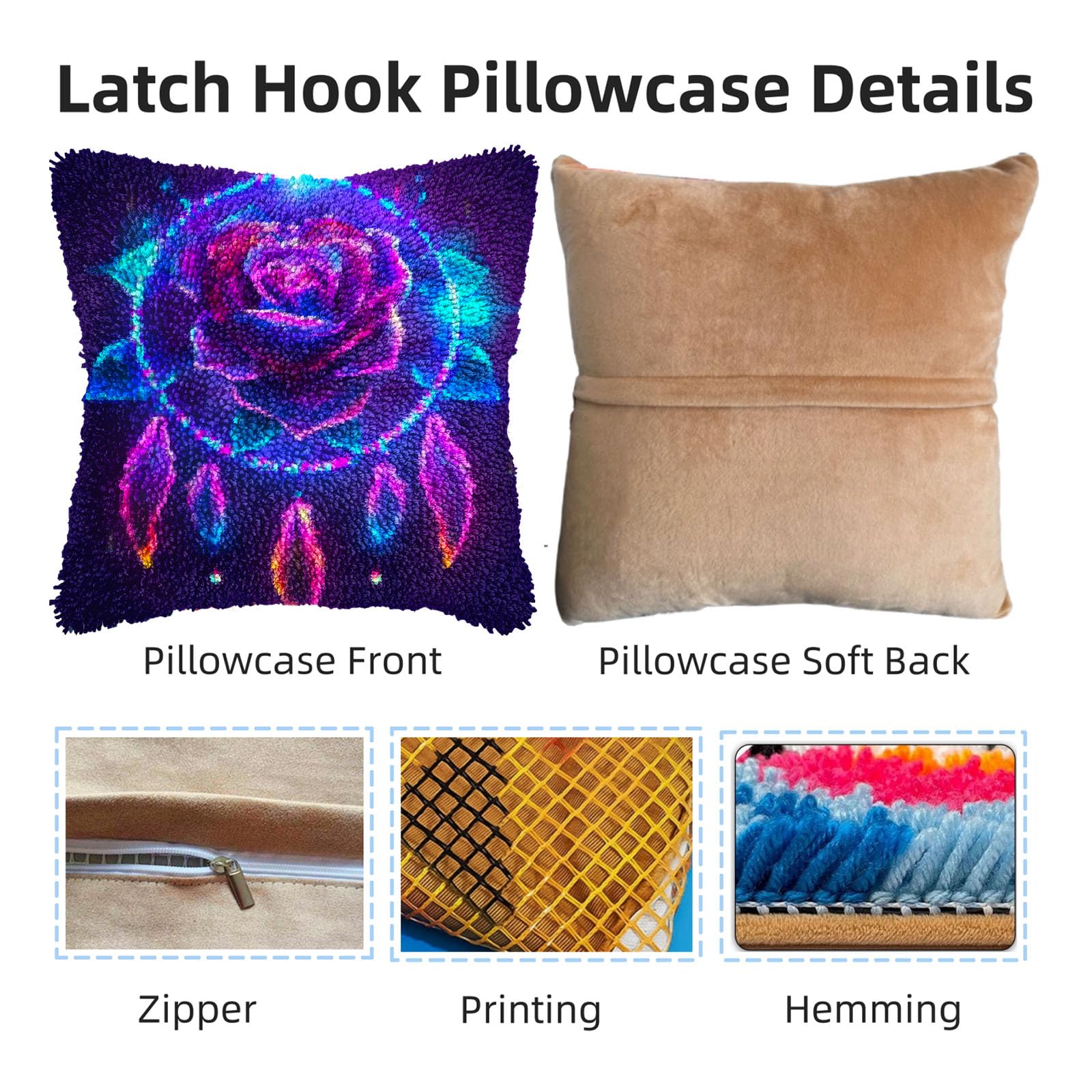 Luminescence Rose DIY Latch Hook Pillow Kits for Adults Printed Pillowcase Crochet Yarns Hooking Handmade Pillow Cover Cushion for Home Sofa Decoration 17x17inch(2)