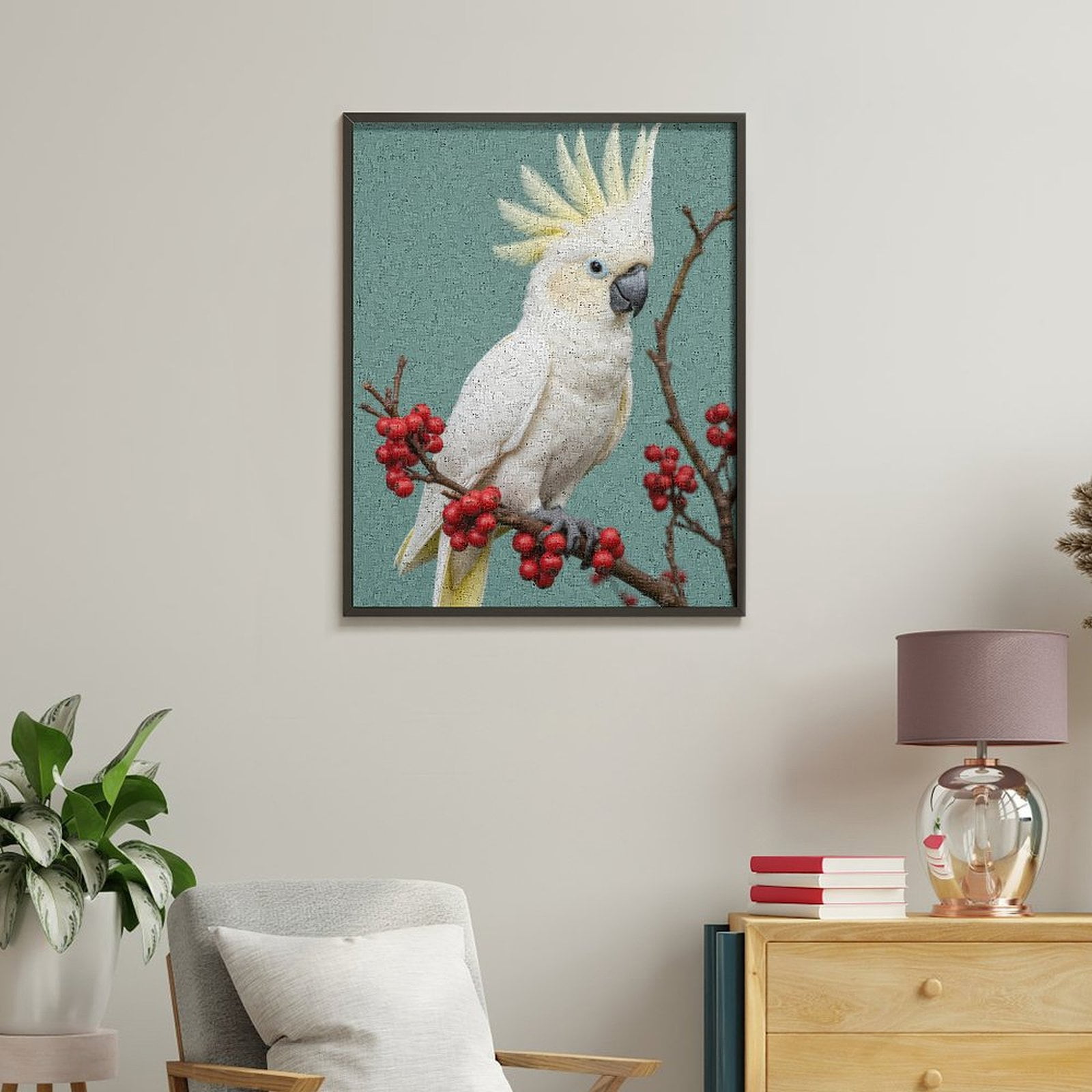 Paint by Numbers Kit for Adults, White Parrot Red Berries Perch Paint by Numbers, Easy Paint by Numbers Kit for Adults Beginner, DIY Adult Paint by Number Kits on Canvas, Home Decor