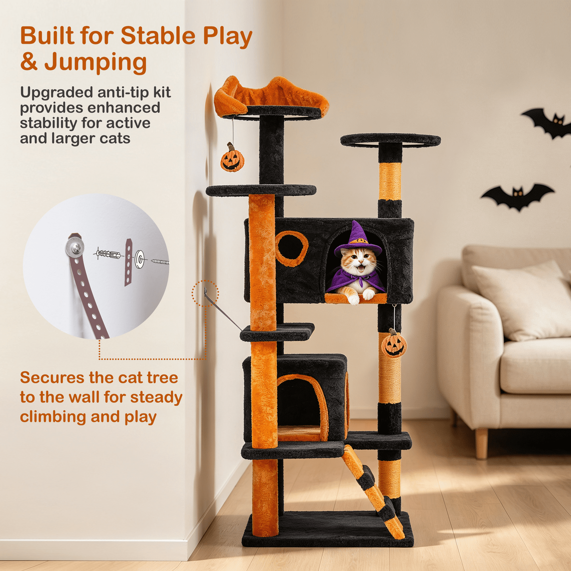 Alden Design 54″ Tall Cat Tree with 3 Scratching Posts, Black/Pumpkin Orange