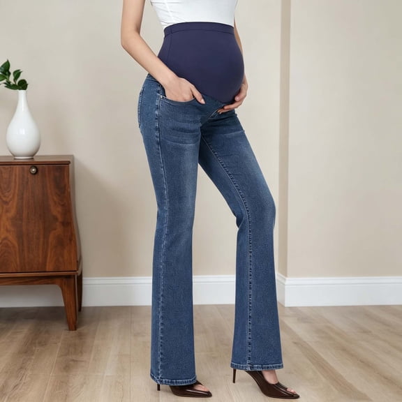 Womens Maternity Flare Jeans Over The Belly Stretchy Denim Pants Comfortable Bootcut Bell Bottoms for Pregnancy Casual Flattering Work and Everyday Wear