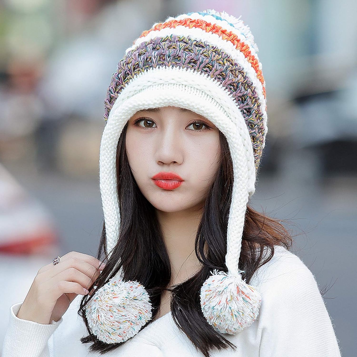 YooGuoGuo Women Fleece Lined Beanie Cap Contrast Color Warm Knitted Ski Hat w/Earflap Pom