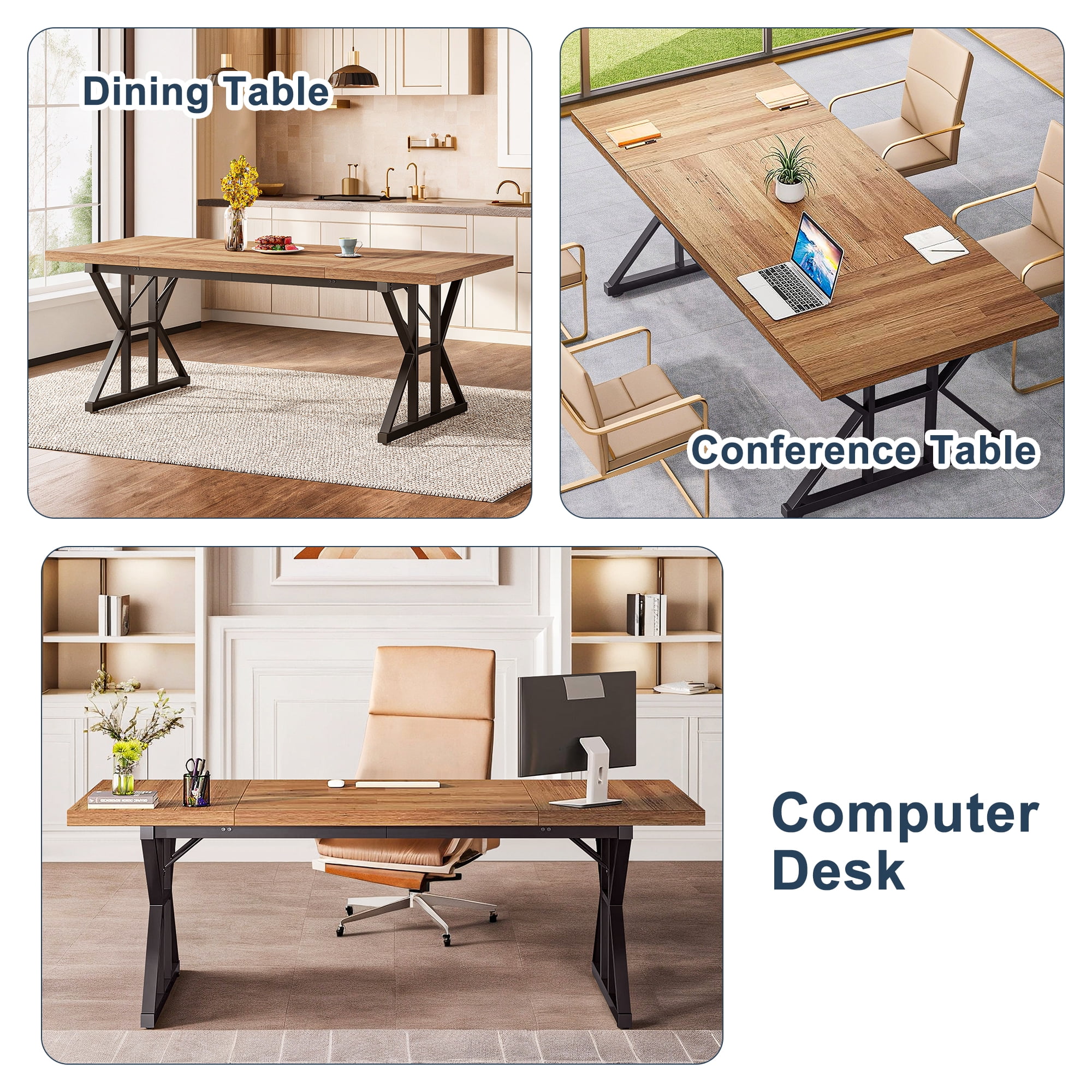 Demi Bonn 71" Farmhouse Dining Table, Wood Rustic Kitchen Table for 6 People, Large Rectangular Dinner Table for Dining Room, Home Office, Living Room Furniture, Walnut & Black