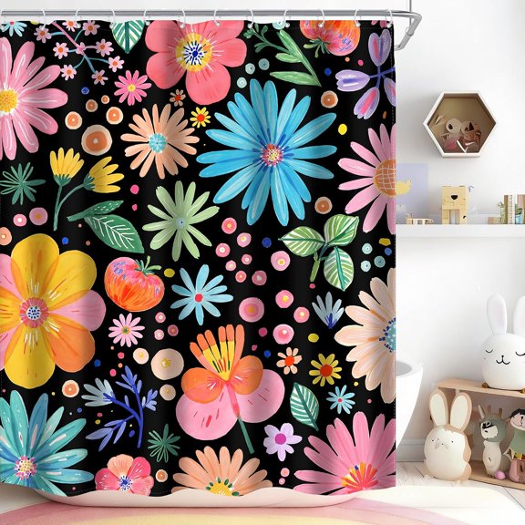 Black Floral Shower Curtain Colorful Hand Painted Flower Bathroom Curtain for Tub 71x71 Inches