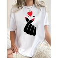 thumbnail image 1 of Chic Finger Heart Graphic Tee for Women - Casual Crew Neck Short Sleeve, Stretchy Polyester Blend, Machine Washable - Perfect for Summer & Casual Attire, 1 of 6