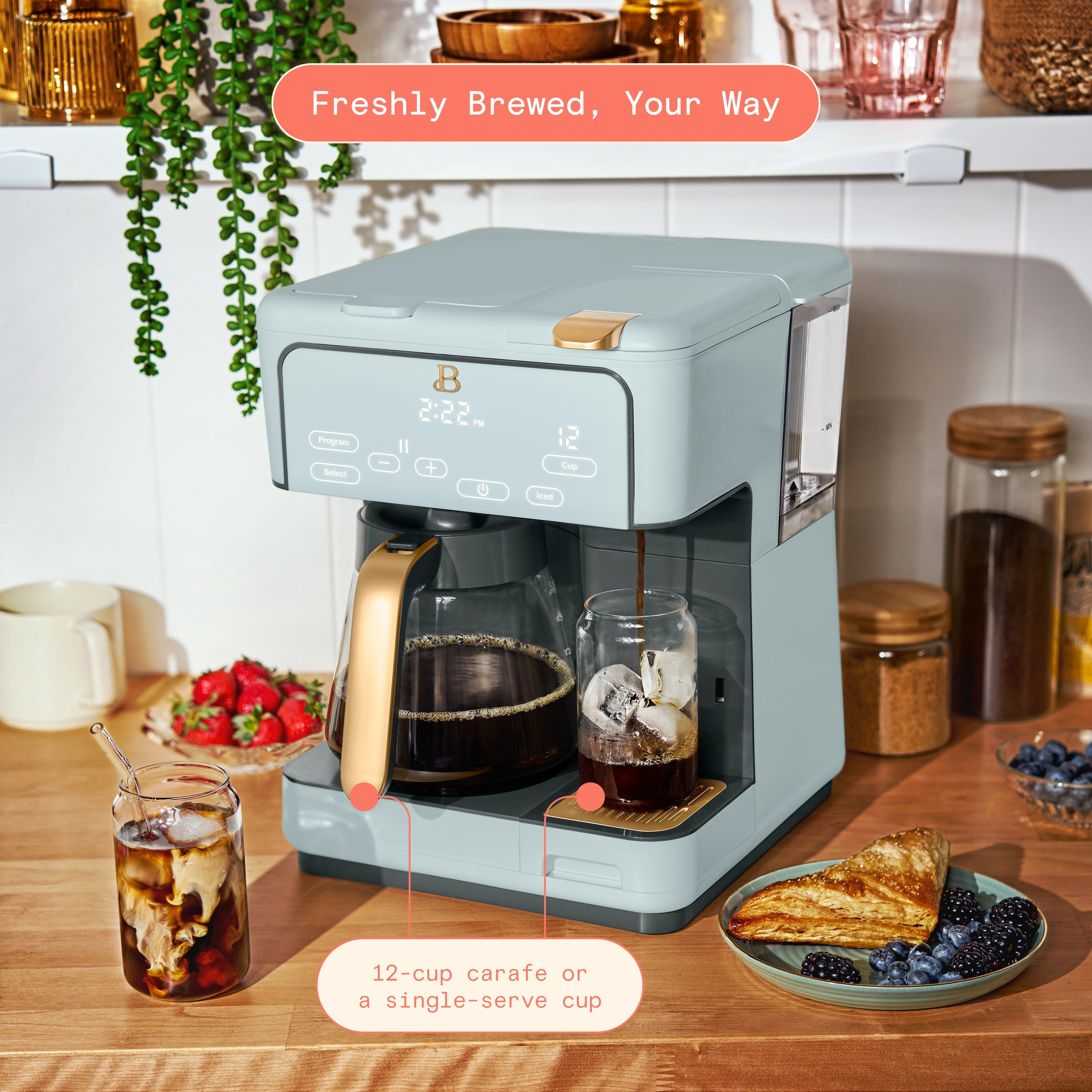Beautiful Programmable 12-Cup & Single-Serve Multi-Brew Coffee Maker, Hydrangea by Drew Barrymore