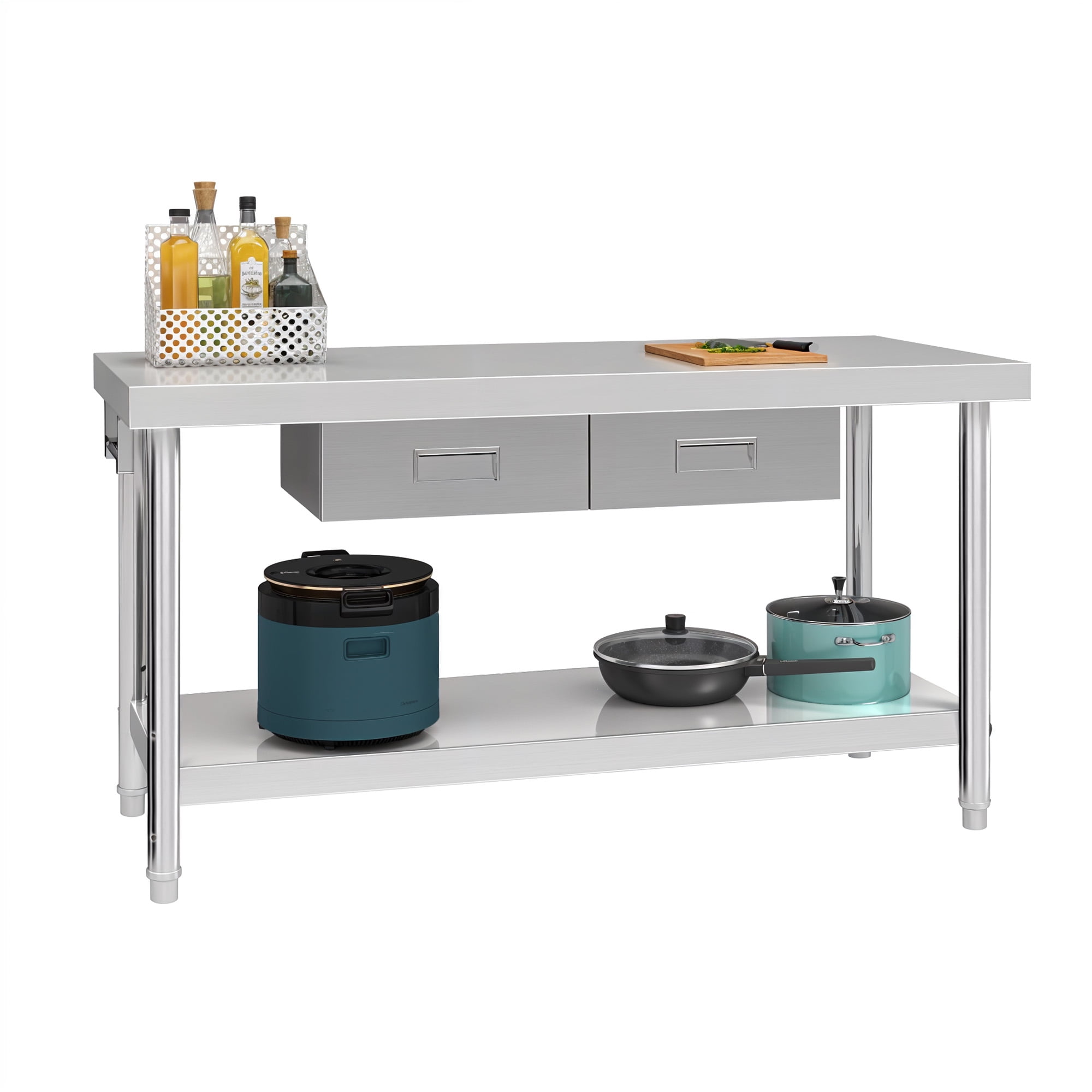 Uforic 60" x 24" Stainless Steel Prep Table with 2 Drawers, Paper Towel Holder, Adjustable Storage, Heavy-Duty Metal Workbench for Commercial, Home, Industrial
