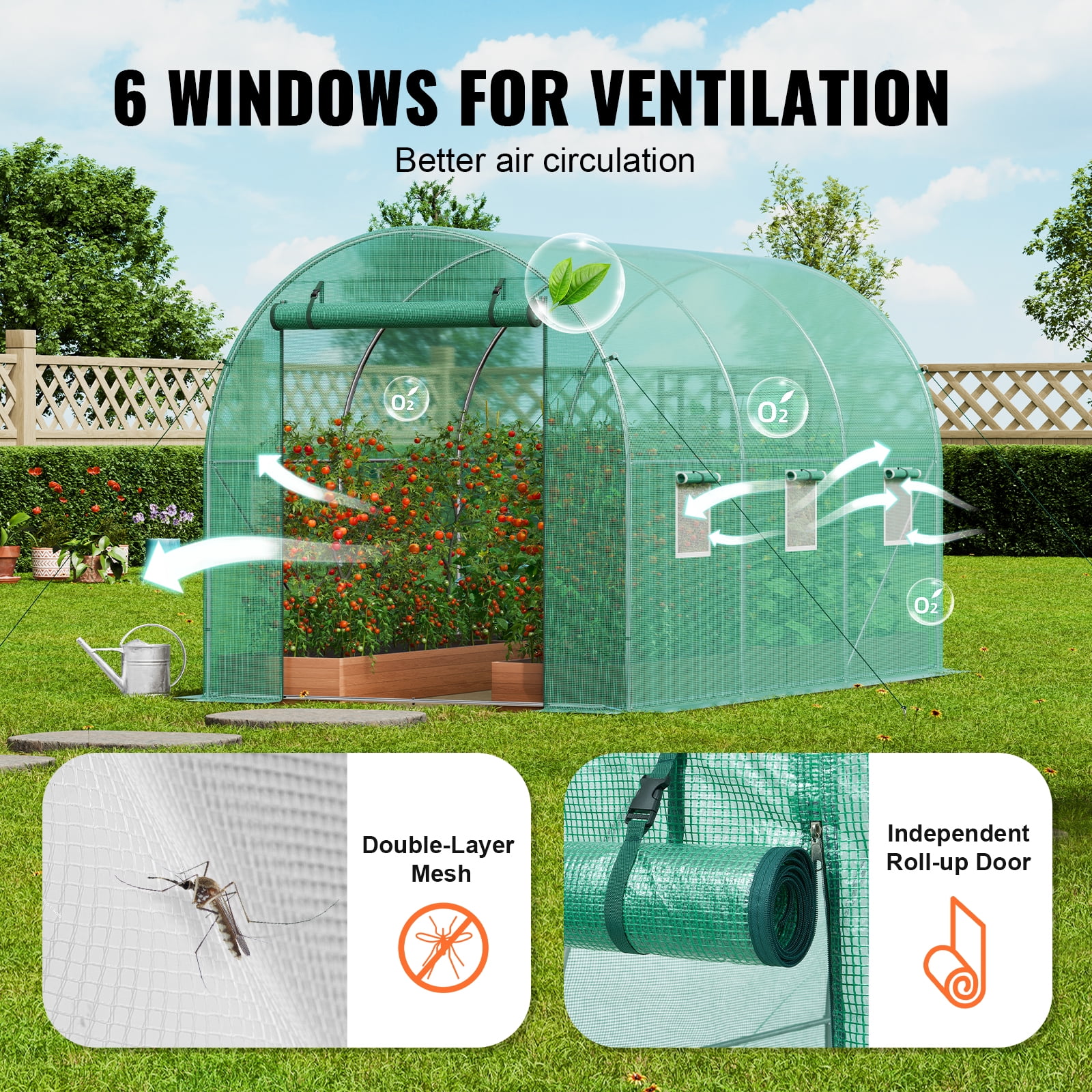 KFFKFF Walk-in Tunnel Greenhouse, 12x7x7 ft, Featuring a Durable Galvanized Steel Frame and Green PE Covering, Equipped with a Roll-up Zipper Door and 6 Ventilation Windows