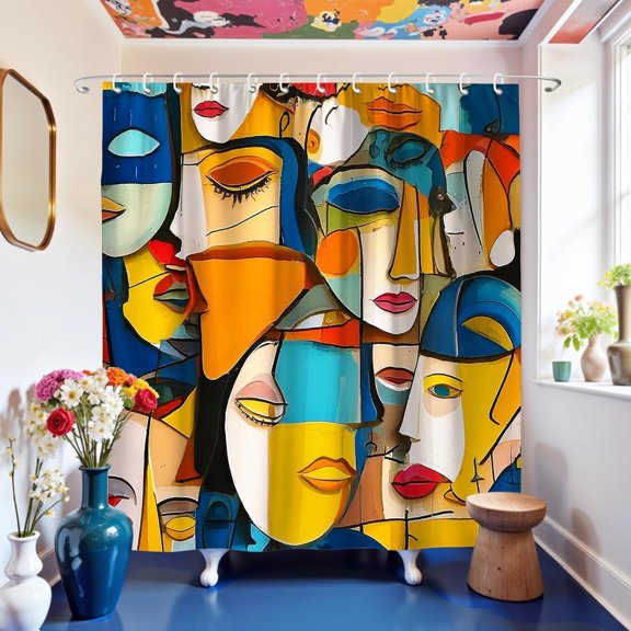 Abstract Art Shower Curtain Colorful Modern Face Fabric Bathroom Curtain with Hooks 71x71 inches