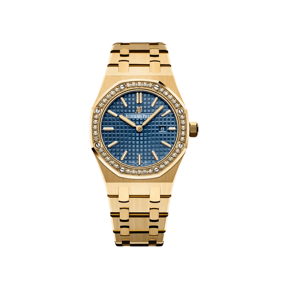 Pre-Owned Audemars Piguet Royal Oak 33mm Blue Dial Diamond Watch 18K Yellow Gold â€“ Ref. 67651BA.ZZ.1261BA.02