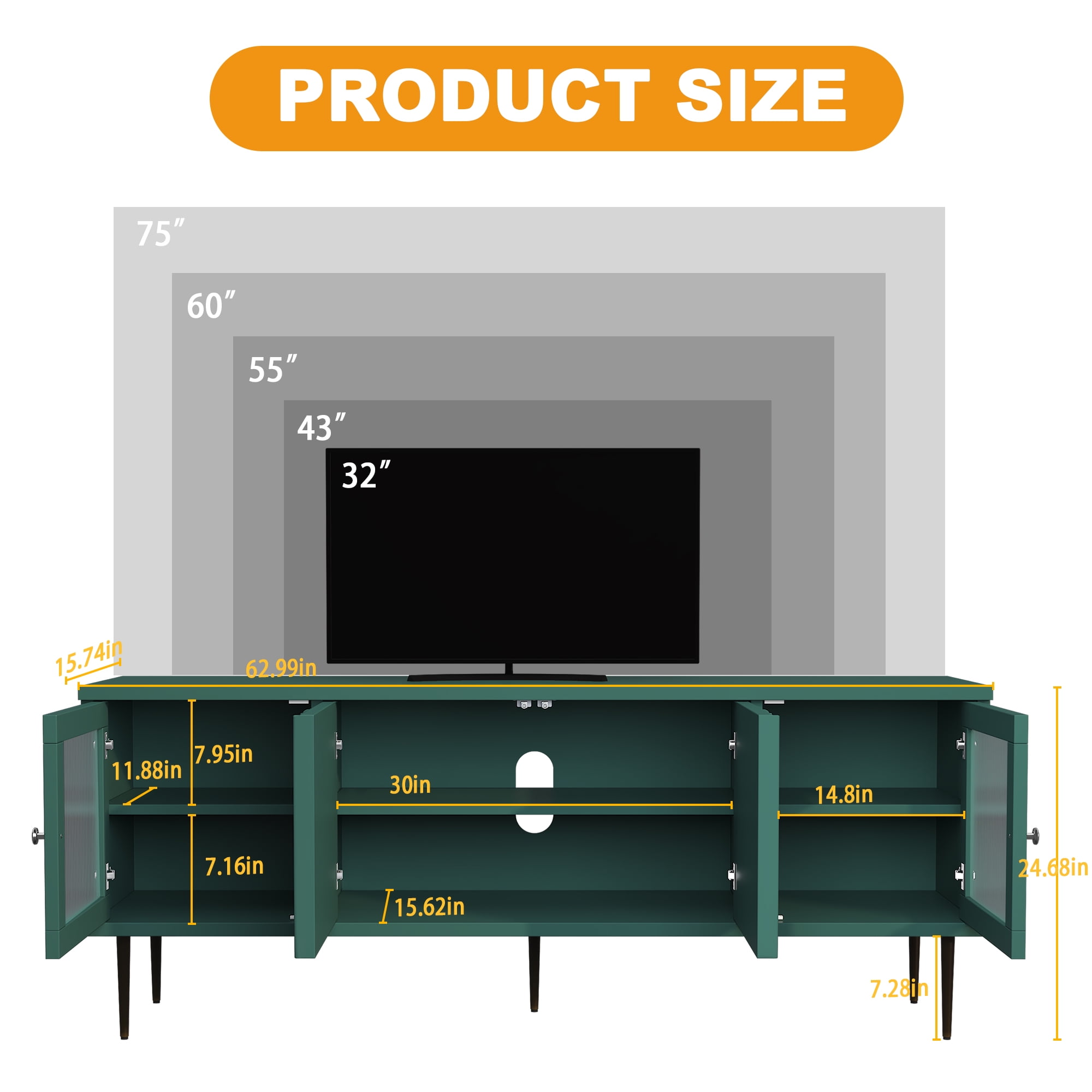 HLR 63" Modern Wood TV Stand with 3D Flower Pattern for TVs Up to 75", Entertainment Center with Storage, Green