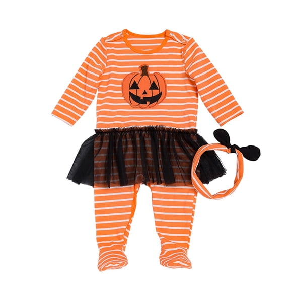TIWEKE Halloween Girls Romper Jumpsuit for - Orange Striped Pumpkin Print Long Sleeve Outfit for Casual Parties and Outdoor,Sizes 6-12 Months