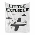 thumbnail image 1 of Explore Soft Flannel Fleece Blanket, Hand Drawn Bunny in a Plane Monochrome Arrangement with Little Explorer Words, Cozy Plush for Indoor and Outdoor Use, 60" x 80", Black and White, by Ambesonne, 1 of 6