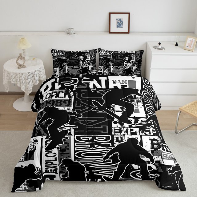 Erosebridal Ensembles de Literie de Planche à Roulettes Simple avec Couette, Insert de Couette Hip-Hop, Décor de Sport Extrême, Réversible 2 Pcs