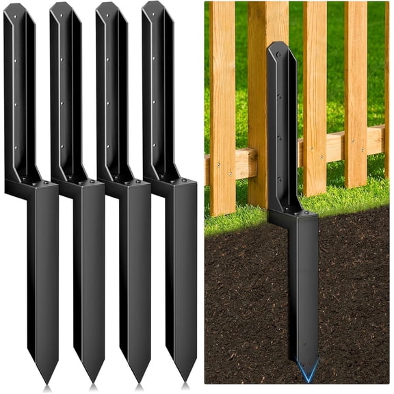 Fence Post Repair Kit - Quick Fix Broken/Leaning 4x4/6x6 Wood Posts Support with One-Piece Steel Anchor & Stakes(4-Pack)