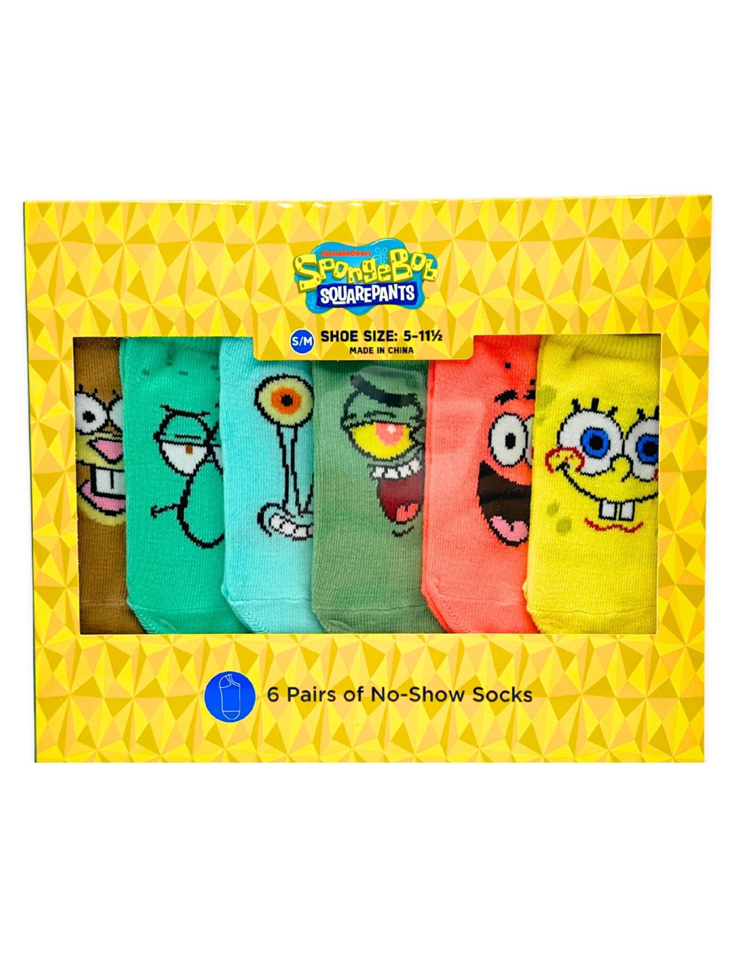 SpongeBob SquarePants Boys No-Show Socks, 6-Pack, Sizes S/M-M/L