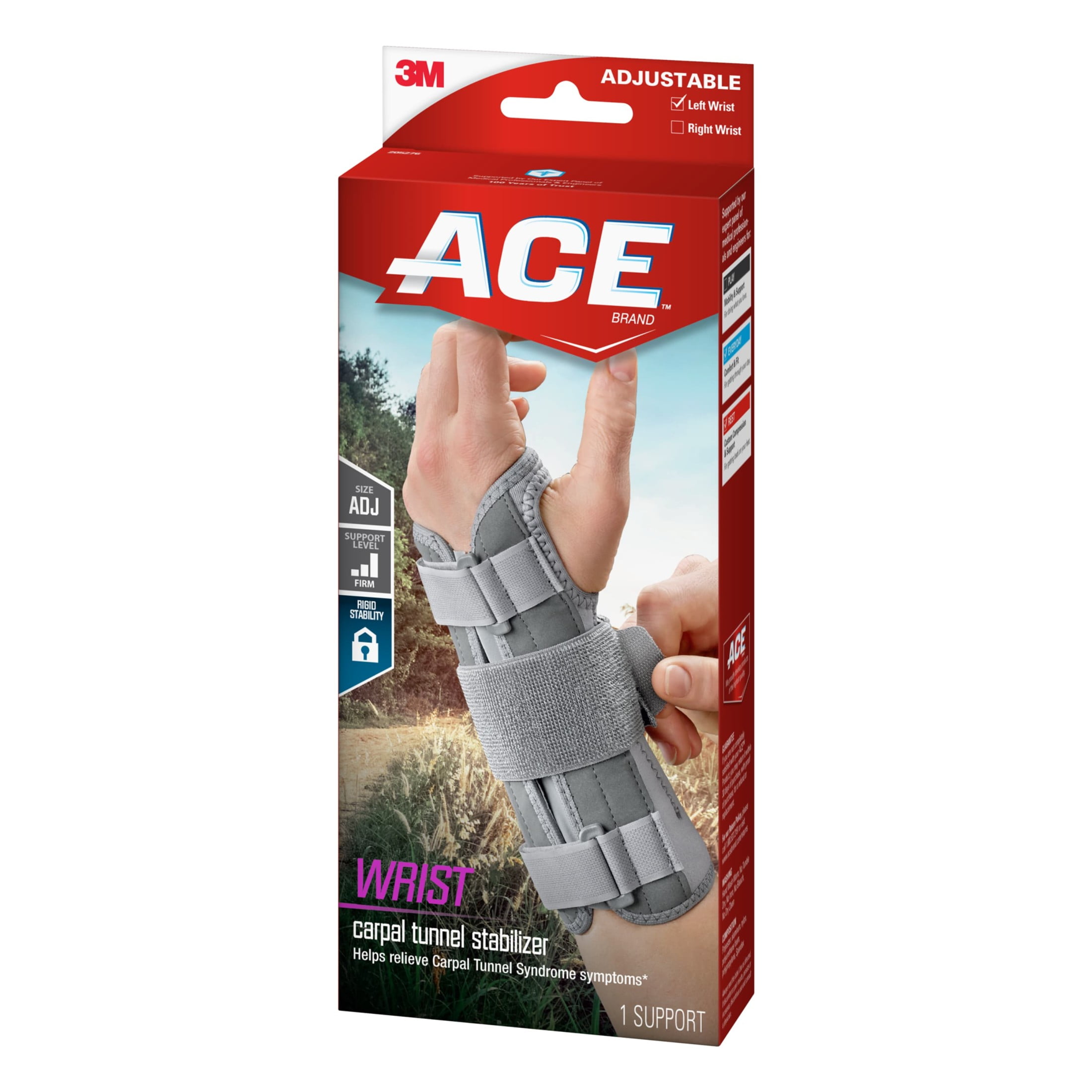 ACE Brand Carpal Tunnel Wrist Stabilizer, Left Wrist, Firm Stability, All Day Wear, 1 Support