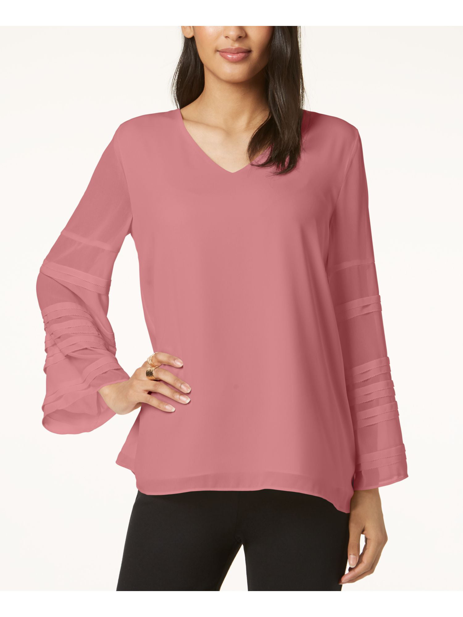 Alfani - ALFANI Womens Pink Layered Sleeve Long Sleeve V Neck Top Size ...