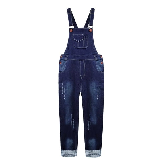 KIDSCOOL SPACE Salopette Garçon, Grande Poche Déchirée Ajustable Décontractée en Denim de Travail, Bleu, 7-8 Ans