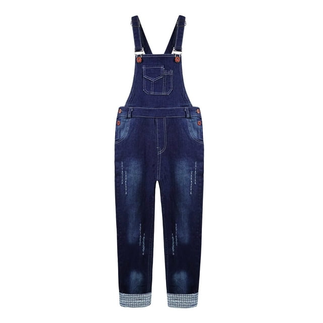 KIDSCOOL SPACE Boy Overalls,Big Pocket Ripped Adjustable Casual Denim Workwear,Blue,7-8 Years