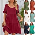 thumbnail image 2 of Robe Femme Col en V Manches Courtes Robe T-Shirt Babydoll Volants Robe Mini Décontractée, 2 of 4