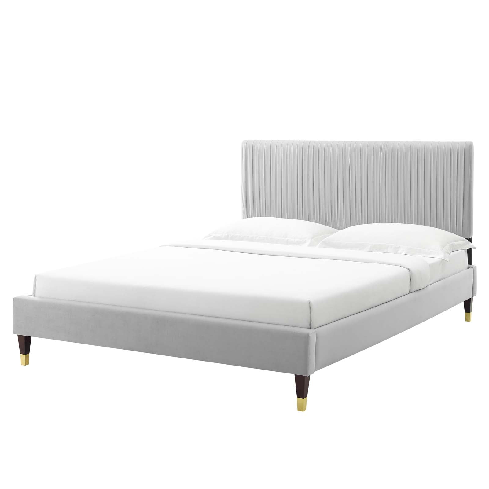 Platform Bed Frame, King Size, Velvet, Light Grey Gray, Modern
