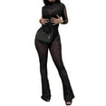 thumbnail image 3 of hirigin Women 2 Piece Outfits, Trendy Long Sleeve Sheer Mesh Patchwork Bodysuit + Flare Pants Set, 3 of 9