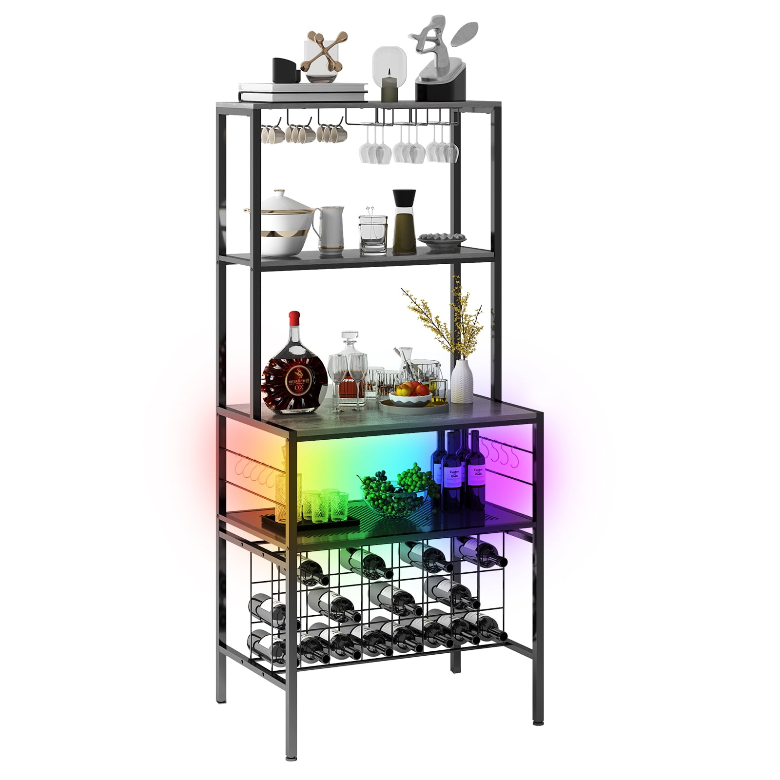 BALUS RGB LED Wine Rack, Wall Mounted Liquor Display Shelves, Black