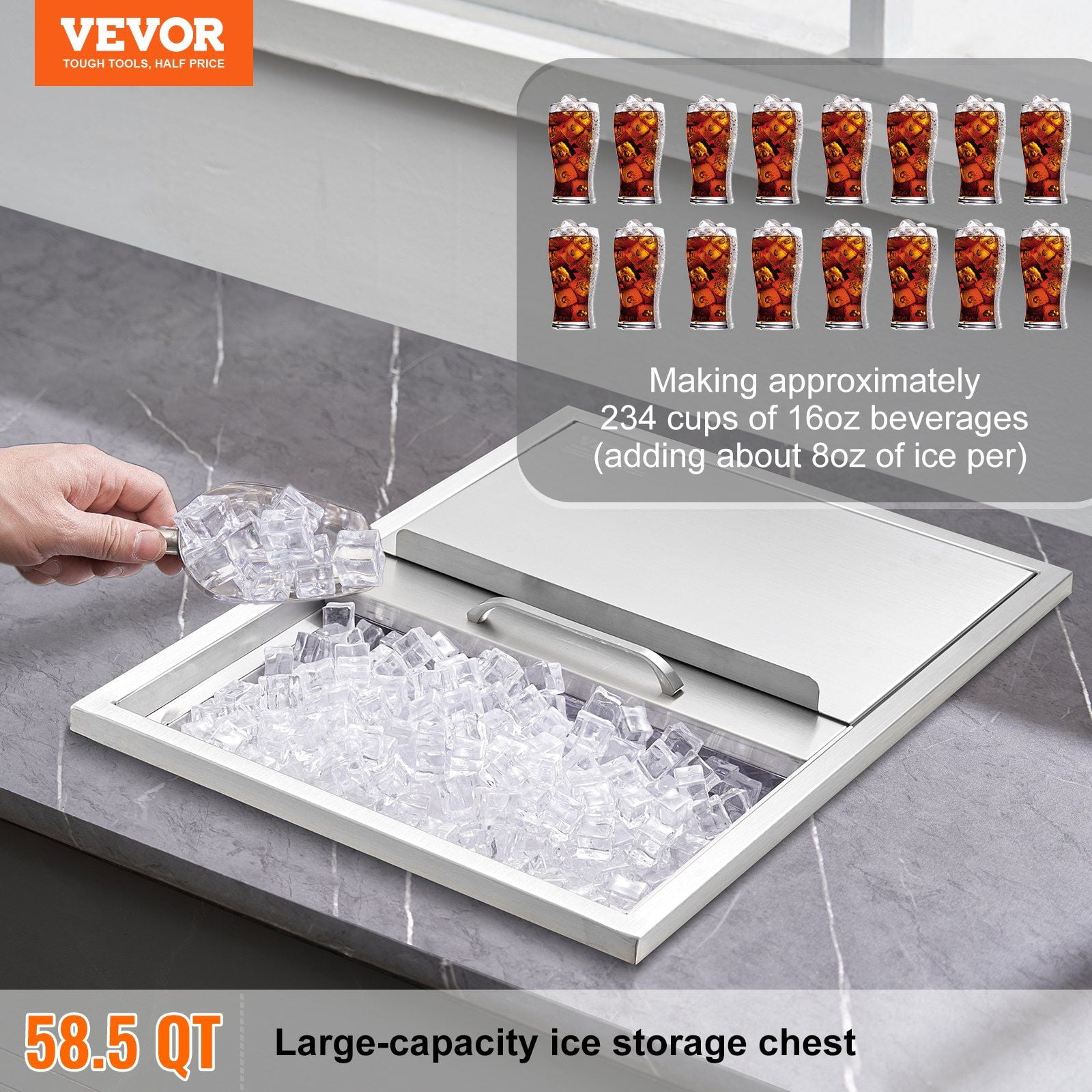 Stainless Steel Ice Chest 40.9 QT, 24"L Commercial Ice Bin with Sliding Cover & Drain Plug, Outdoor Kitchen Cooler for Beer, Wine, Beverages