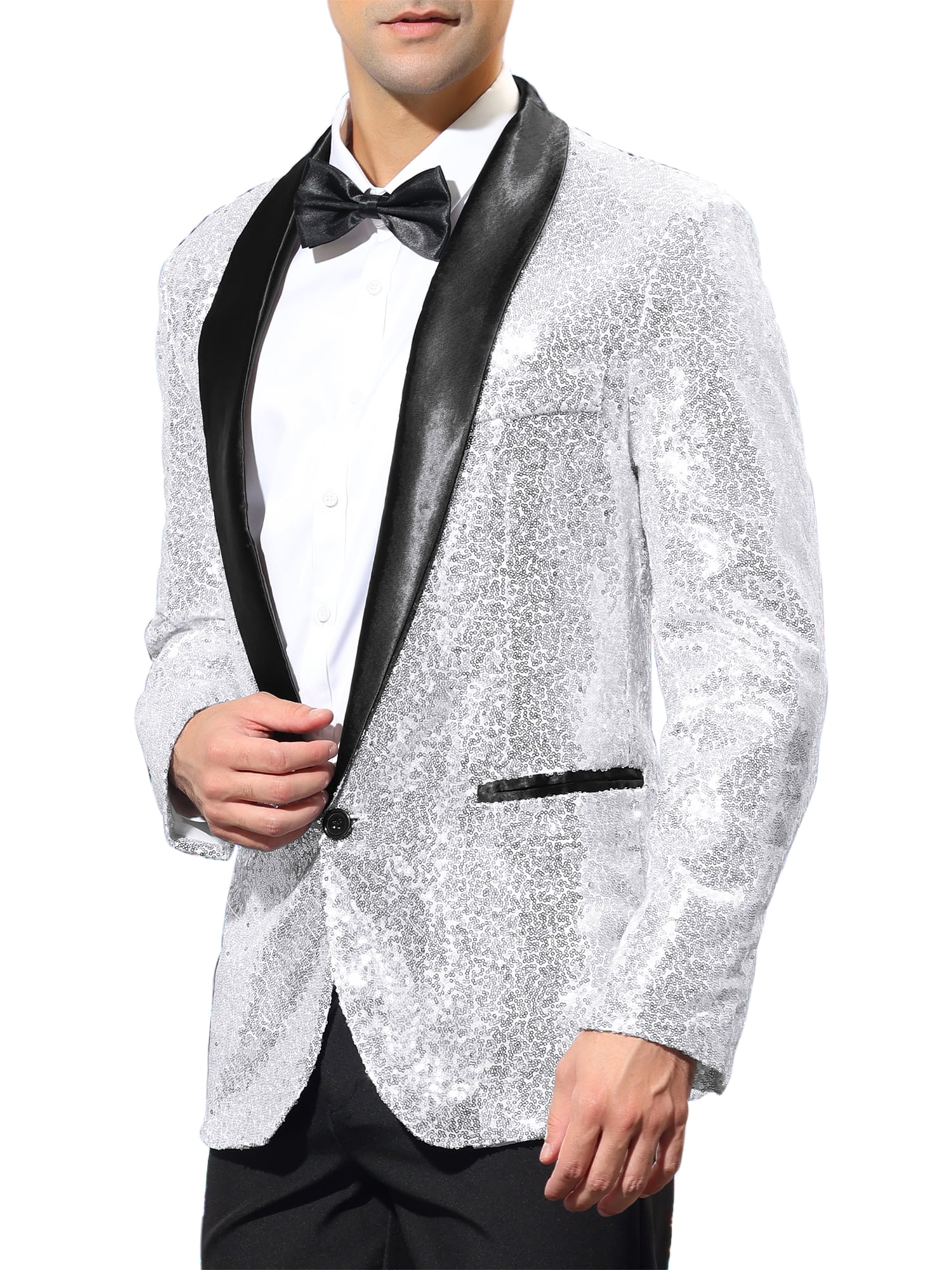 Unique Bargains Men's Sequin Sport Coats Shawl Lapel One Button Wedding Shiny Blazer L Silver