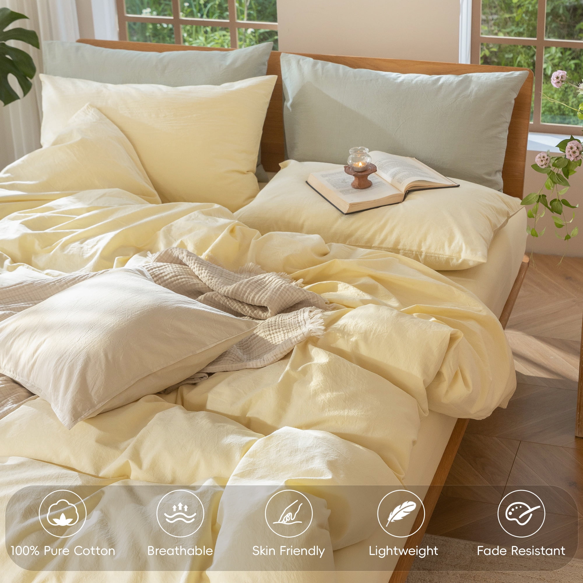 MooMee 100% Washed Cotton Duvet Cover Set Twin Linen Like Textured Breathable Lightweight 2-Piece (Butter Yellow, 68"x90")