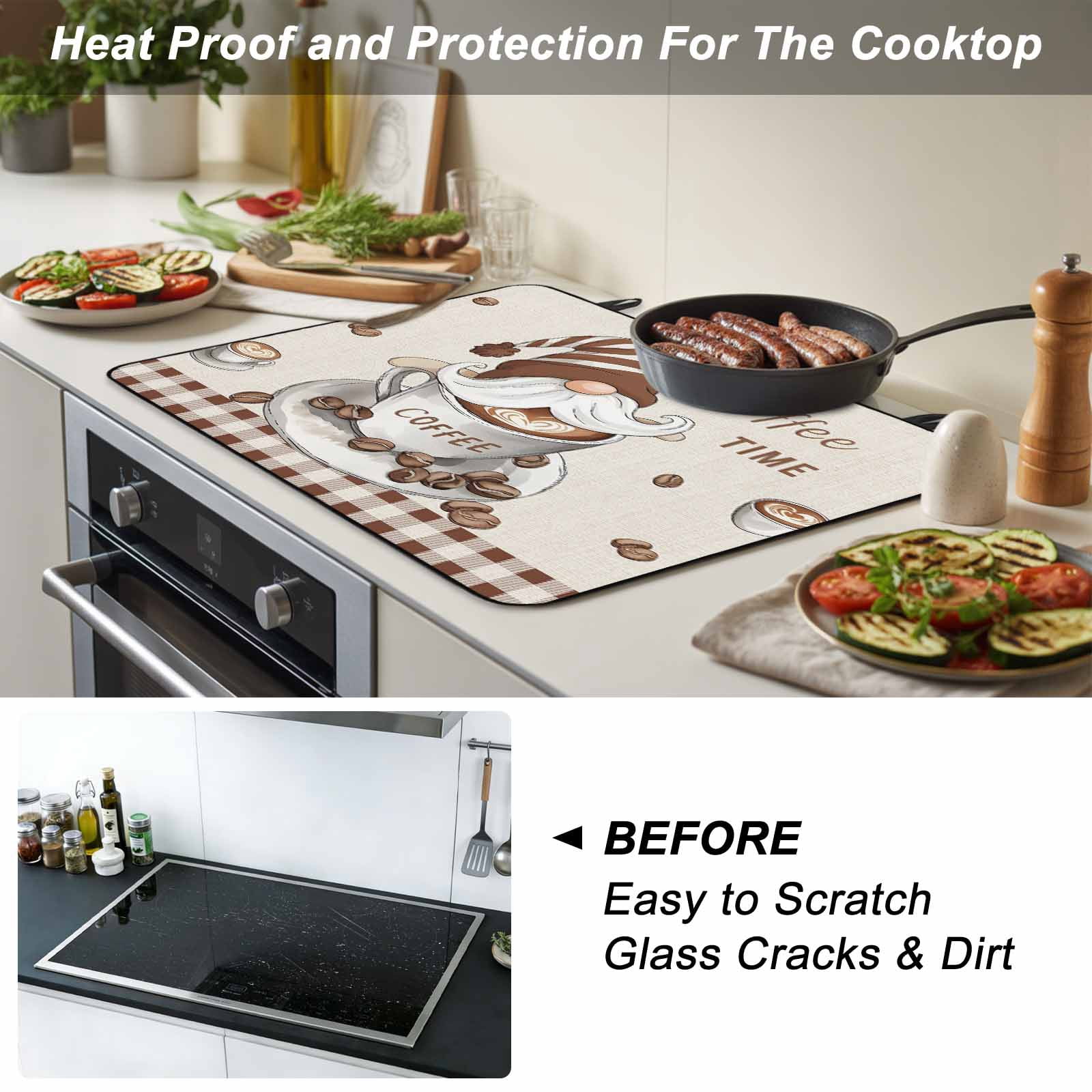 Coffee Gnomes Stove Top Cover for Electric Stove, Heat-proof & Non Slip Glass Top Stove Cover Protector, Brown Buffalo Plaid Check Farmhouse Kitchen Flat Cooktop Rubber Mat 28.5x20.5 Inches