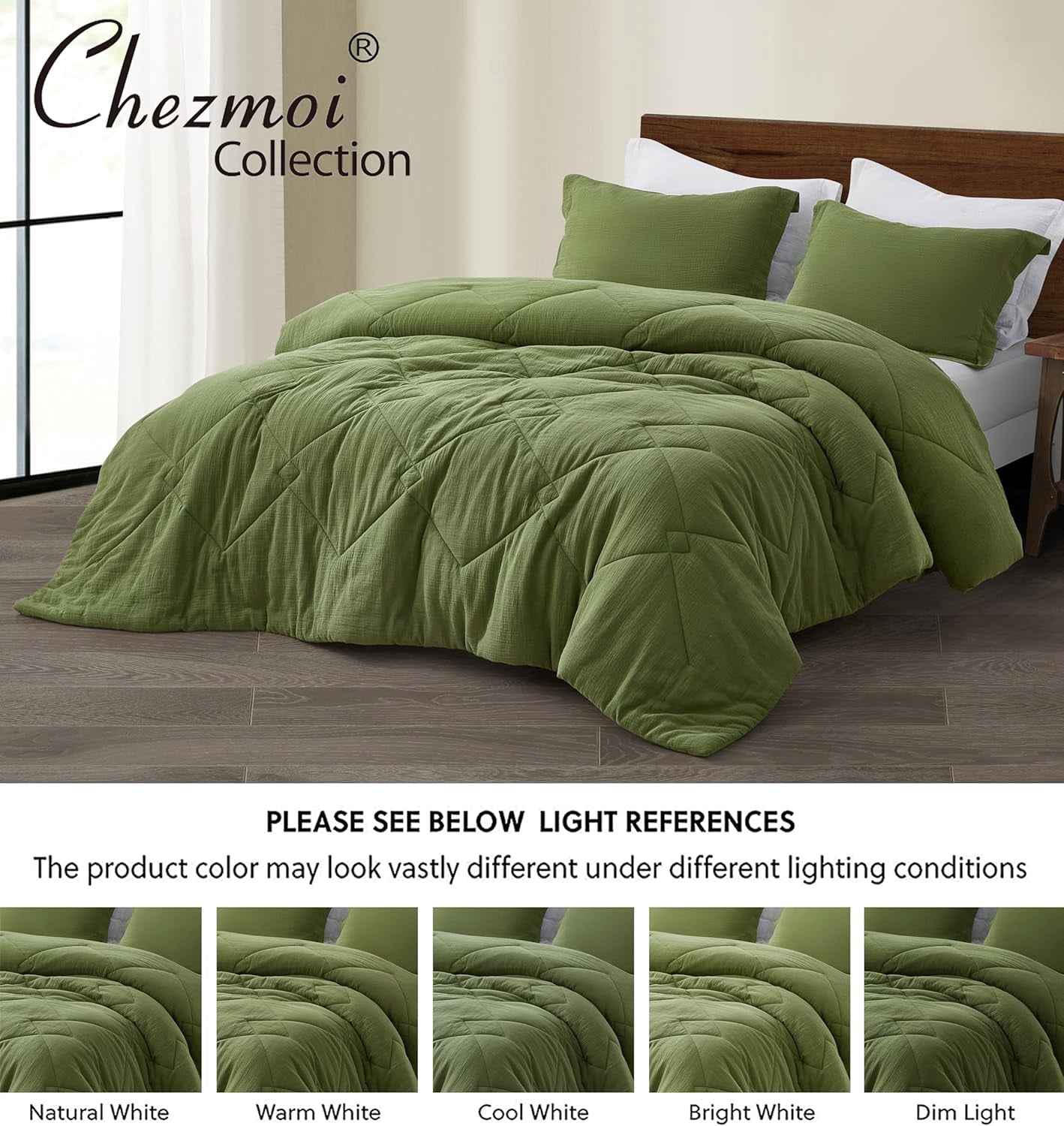 Chezmoi Collection Skye 3-Piece 100% Cotton Muslin Thin Comforter Set Queen, Olive Green Reversible Soft Washed Cotton Gauze Breathable Lightweight Summer Blanket