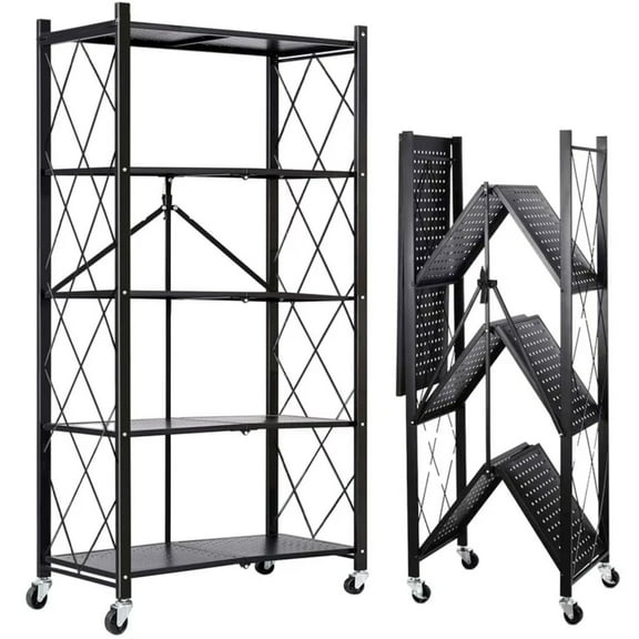 Storage Shelves, 5-Tier Foldable Metal Shelf with Lockable Wheels, Kitchen Rolling Cart, Metal Garage Shelf No Assembly, Large Capacity Utility Cart for Garage, Kitchen Basement Pantry, Black