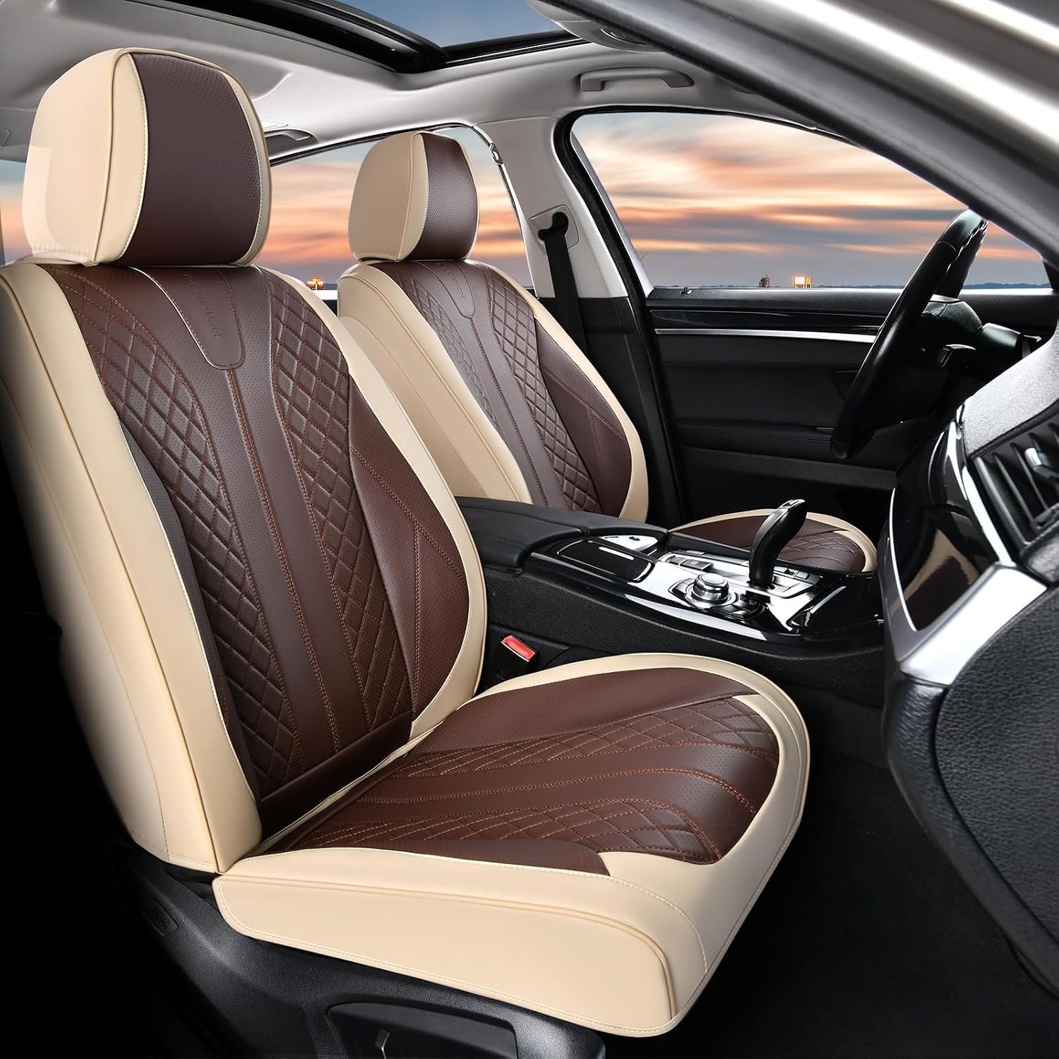 FLORICH Full Set Car Seat Covers, Premium Faux Leather Seat Protectors, Breathable Material Cushions Universal Fit for Most Cars, Beige & Coffee