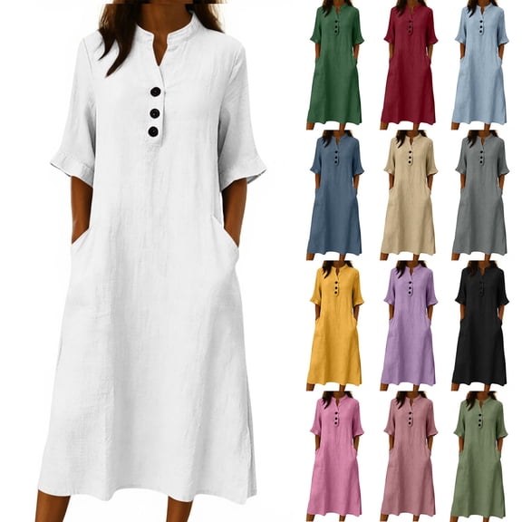 Oksale T Shirt Dress Women Casual Cozy Cotton Linen Midi Dresses with Pockets Dressy Button V Neck Summer Dress for Vacation White M