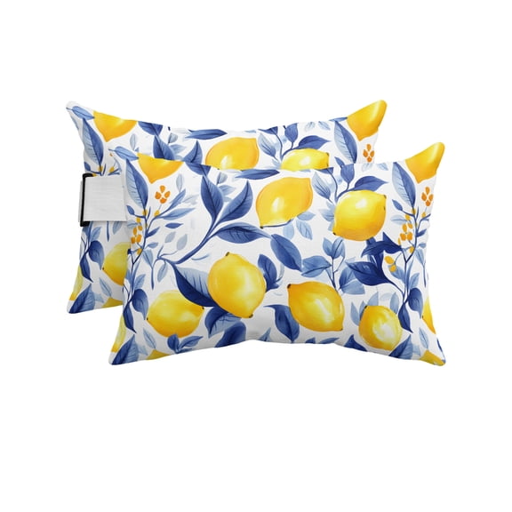 Pack of 2 Outdoor Lumbar Pillow Covers 12x20 Inch, Summer Lemon Waterproof Throw Pillow Covers Set, Watercolor Yellow Blue Garden Floral Indoor&Outdoor Decorative Cushion Cases for Patio Porch Car