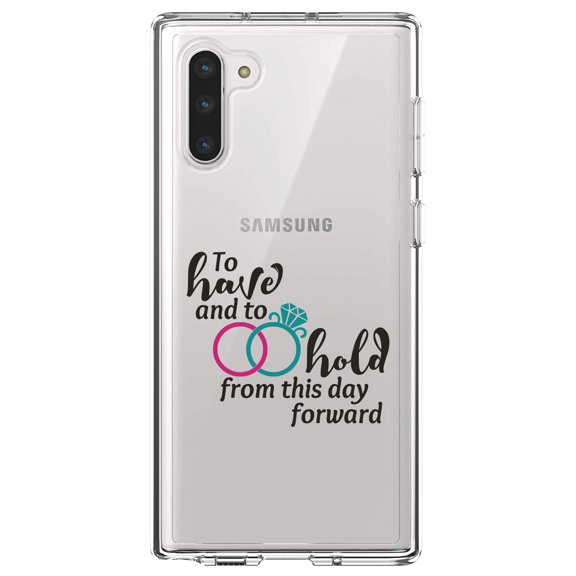 DistinctInk Clear Shockproof Hybrid Case for Samsung Galaxy Note 10 (6.3" Screen) - TPU Bumper Acrylic Back Tempered Glass Screen Protector - To Have & To Hold Wedding Rings
