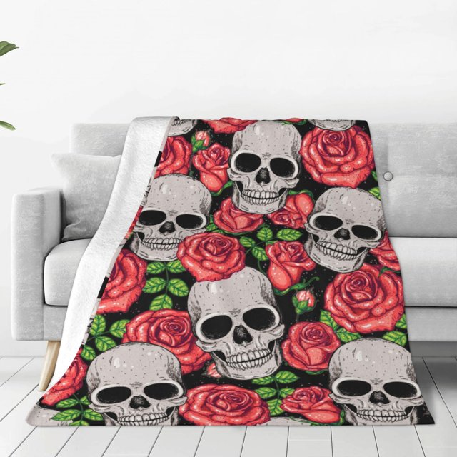 Fotbe Skull and Roses Manta de Franela Acolchonada con Estampado, Súper Suave y Esponjosa, Extra Grande para Sofá, Cama, Uso Todo el Año-60"x50"
