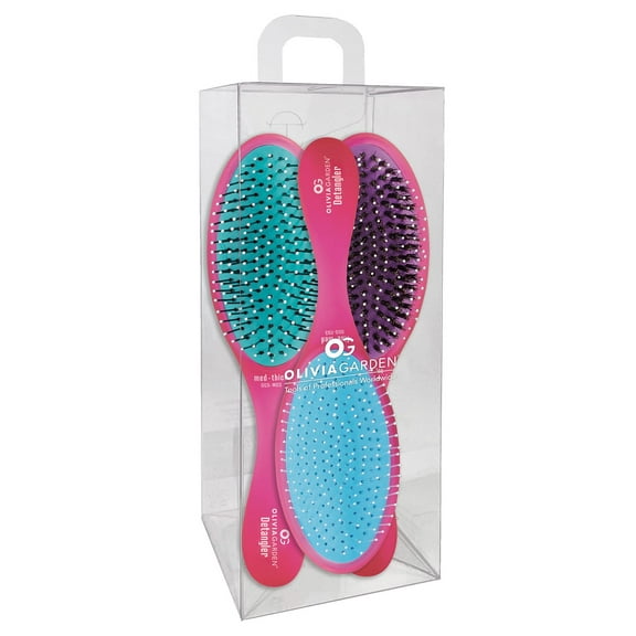 Olivia Garden OG Brush Collection, removable cushion, scalp hugging massages the scalp, 1 fine to medium and 1 medium to thick detangler, 1 smooth and shine styler, for wet or dry hair, Pink 3pc box