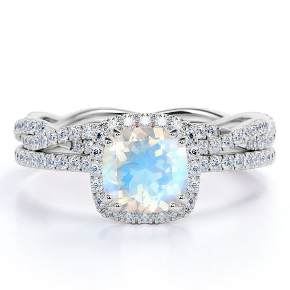 JeenMata 1.5 carat Cushion Faceted Blue Moonstone and Moissanite Twisted Bridal Ring Set in 18k White Gold over Silver