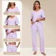 thumbnail image 5 of EA'S SECRET Pajamas for Women 100% Cotton V Neck Sleepwear Short Sleeve Top with Long Pants Loungewear with Pockets Knit (Light Purple,M), 5 of 8