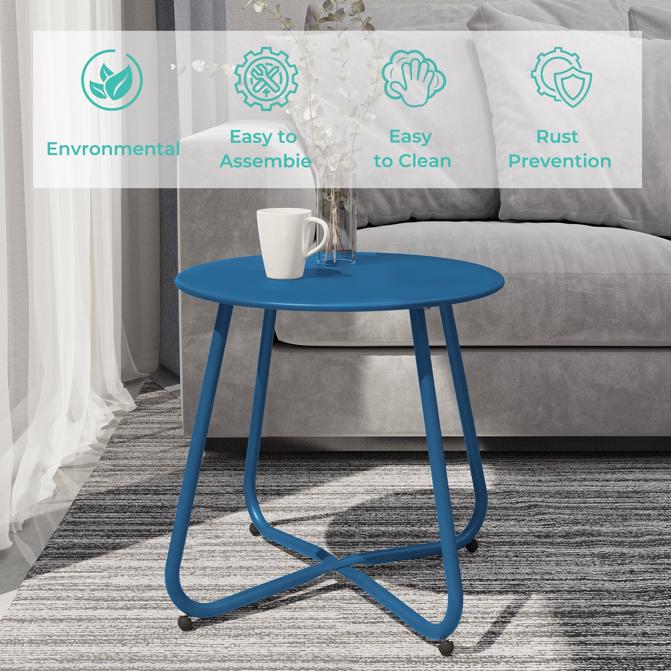 Grand Patio Outdoor&Indoor Steel Patio Side Table, Weather Resistant Outdoor Small Round End Table for Patio, Yard, Balcony, Garden, Living Room, Bedroom Peacock Blue