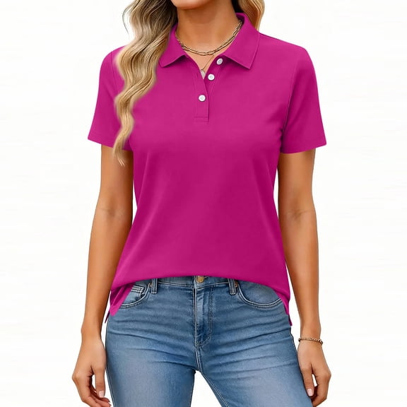 OIOLOYJM Polo Shirts for Women Business Short Sleeve Golf Polo's Lightweight Collared Work Blouses Tops Soft 3 Buttons Activewear Purple XL