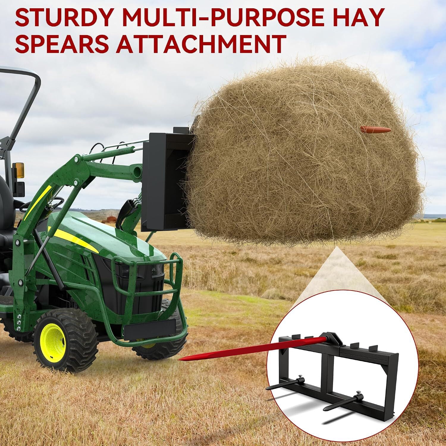 Uforic 49" Hay Bale Spear Attachment, 2000 LBS Quick Attach Fits Bobcat Skid Steer & Tractor, 1 Red 49" Main Spear + 2 Black 17" Stabilizer Spikes