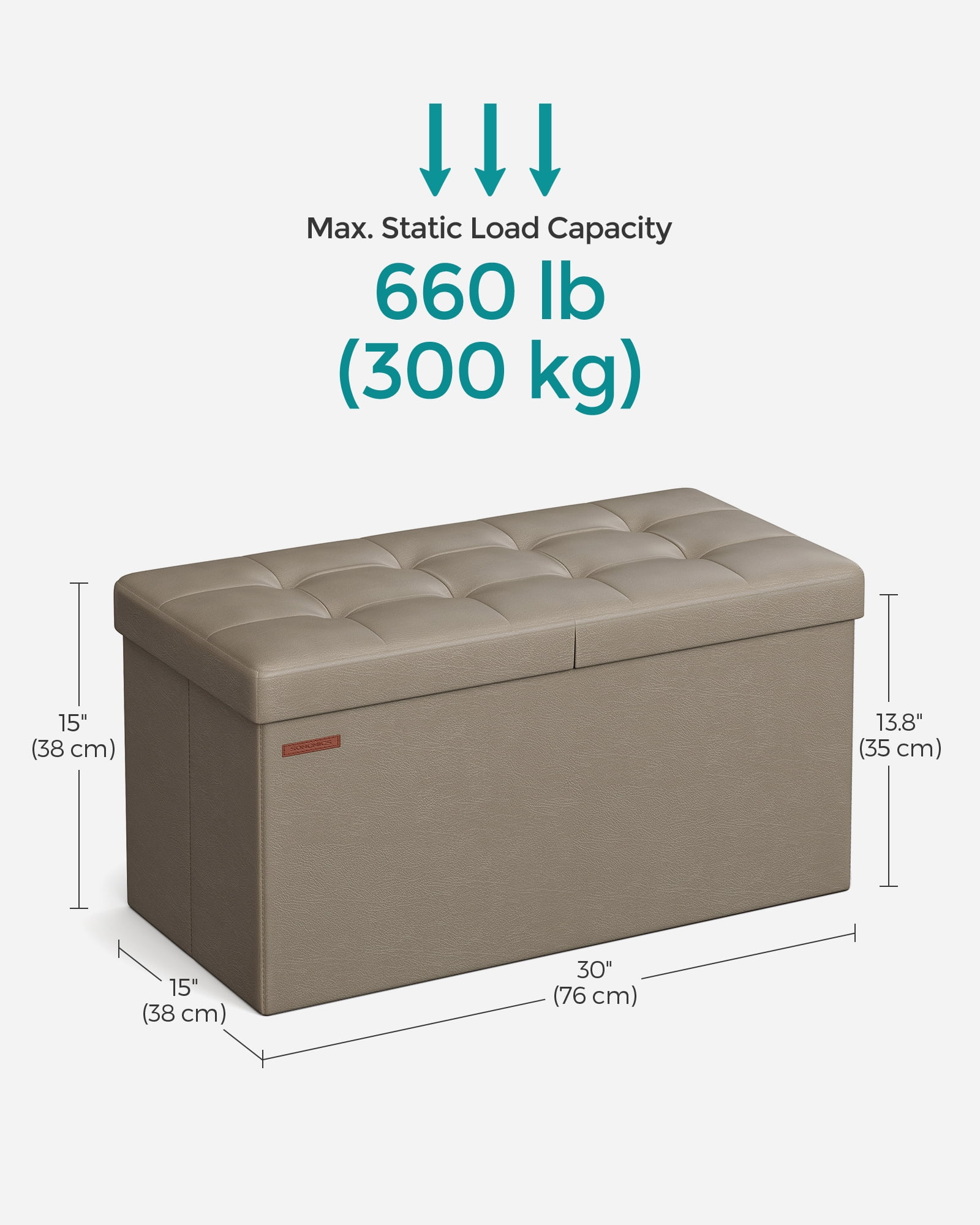 SONGMICS 30" Storage Ottoman Bench Folding Leather Ottoman Storage Footrest Hold up to 660lb Light Taupe