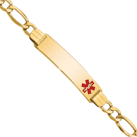 14K Solid Yellow Gold Medical Alert Figaro Link Name Bar Identification ID Bracelet