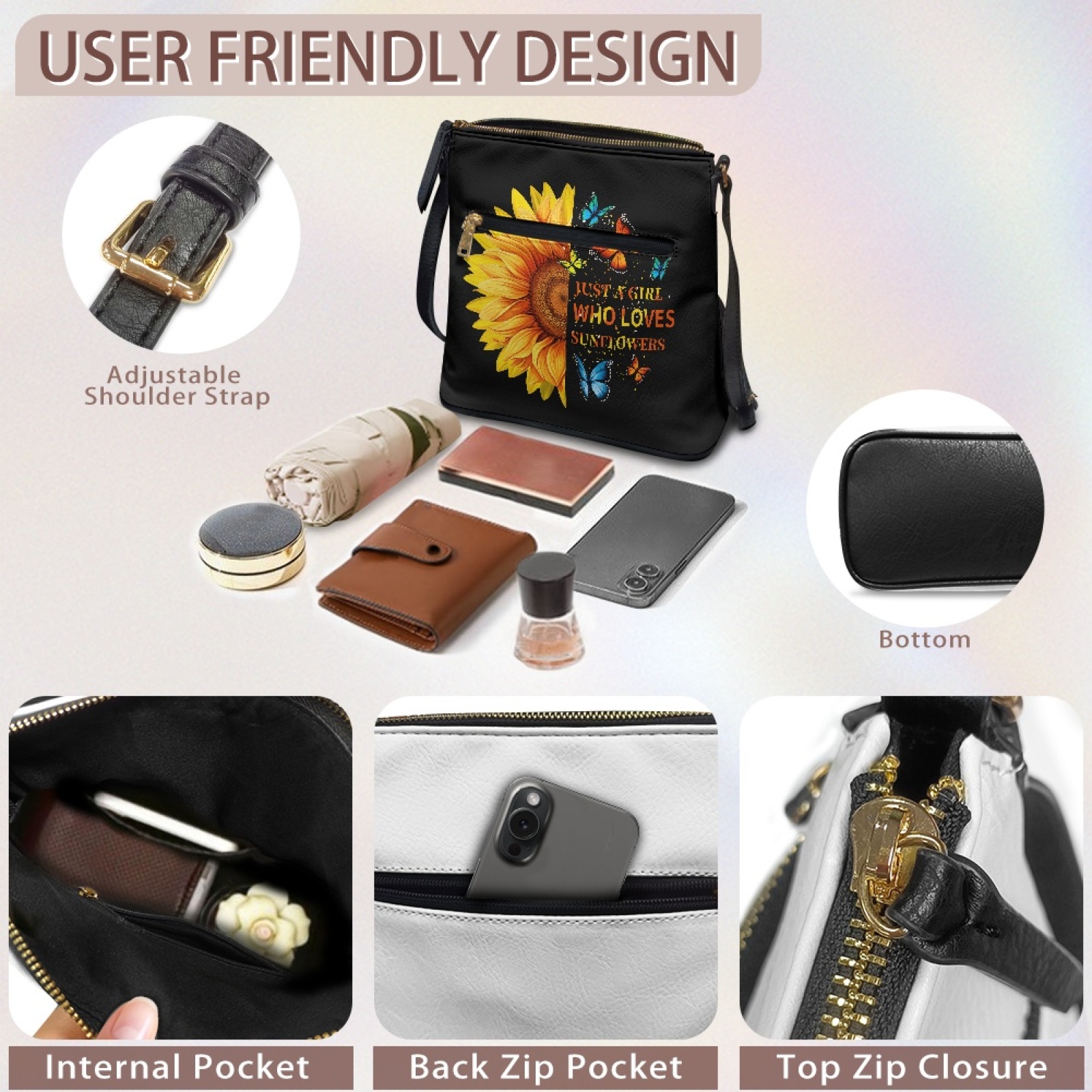LedBack Sunflower Leather Crossbody Bags for Women, Sling Satchel Purses Shoulder Bag Hobo Purse with Adjustable Strap Multi Pockets, Black