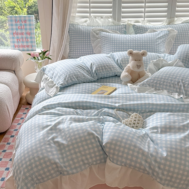 Blue Gingham Ruffle Duvet Cover Queen Size Comforter Cover Set Vintage Plaid Checkered Farmhouse Bedding Set 89"x89" 3 Pieces