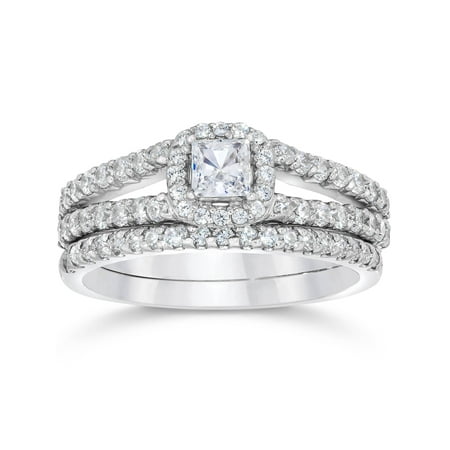 1 Carat Princess Cut Diamond Halo Engagement Wedding Ring Set White Gold