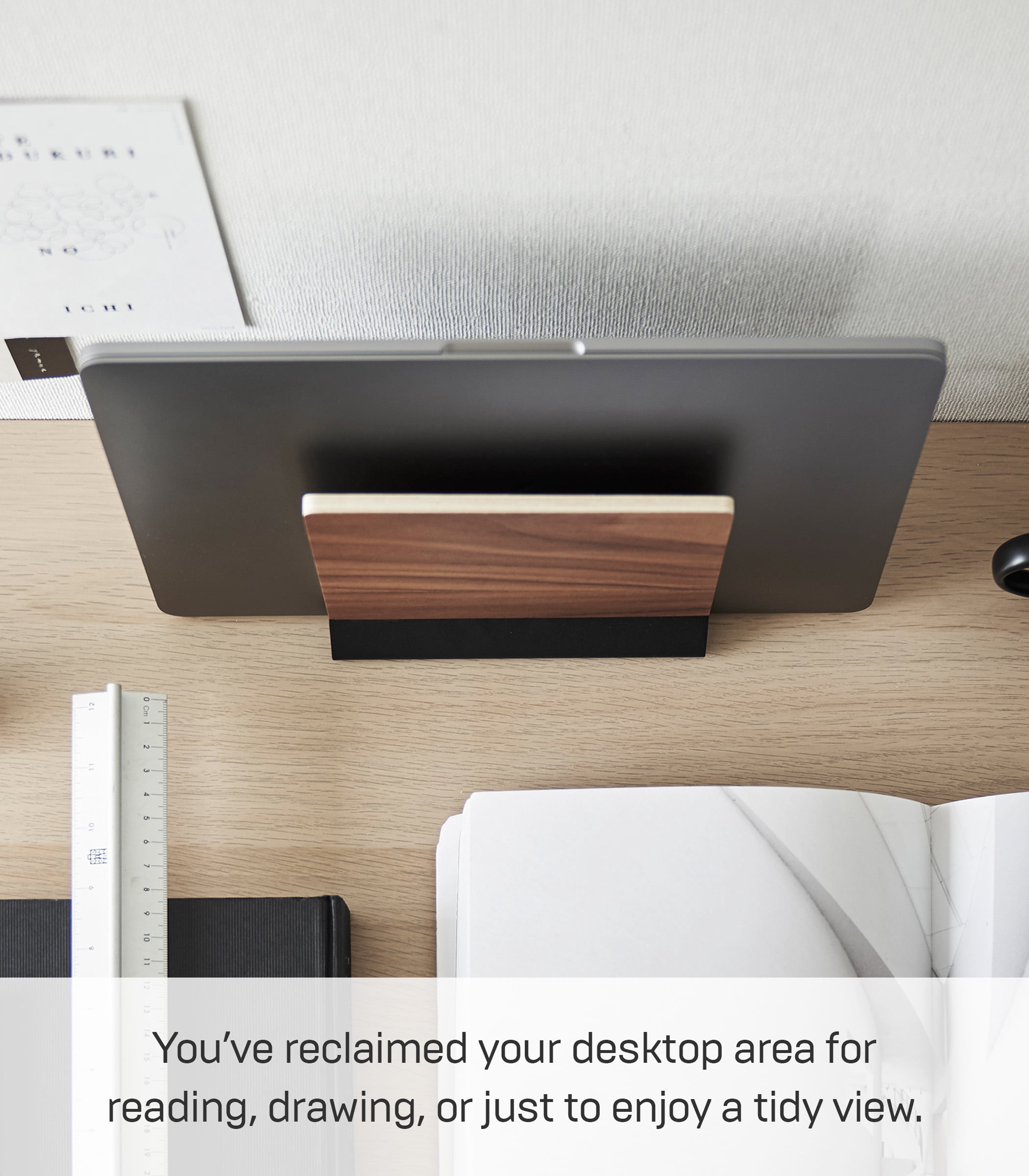 Yamazaki Home Slim Laptop Stand, Walnut, Steel + Wood, No Assembly